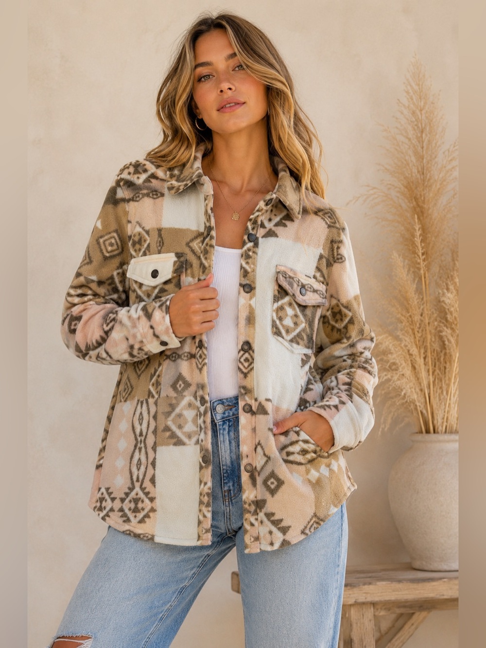 O’Neill Aztec Print Fleece Shacket XS Neutral Southwestern Button Up Jacket